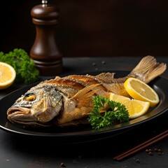 Crispy golden fried whole fish served on a black plate with fresh lemon slices and parsley garnish, ready for a delicious meal