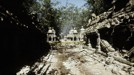 sunlit temple approach through ruins, dusty stone pathway leading to distant shrine with columns and beams of light, scattered rubble and leafy canopy, contrast © icetray