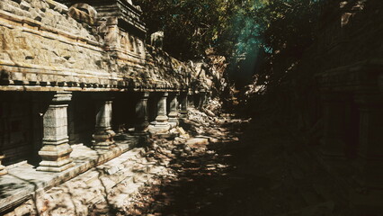Fototapeta premium sunlit ancient temple corridor with moss and dappled shadows, crumbling stone pillars, dense canopy above, quiet atmosphere suggesting archaeological discovery