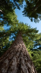 Massive Tree Trunk Reaching Skyward with Lush Green Foliage Under Bright Blue Sky