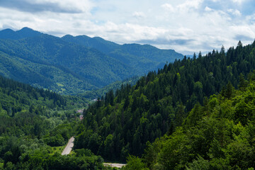 Obraz premium beautiful panoramic view of the Carpathian Mountains from height of the dam
