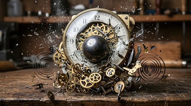 Time Destruction Exploding Clock Mechanism Gears Shattered Glass.