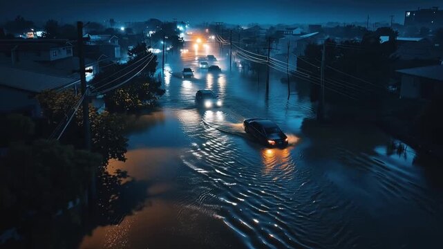 Urban Flooding: Cars navigate a flooded road in a city at night, reflecting the harsh realities of climate change and environmental concerns.