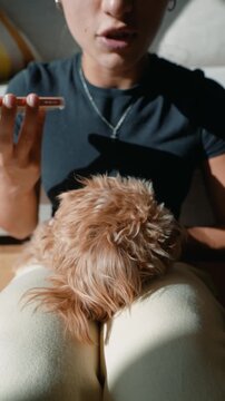 Woman soothing small dog on lap while recording voice note