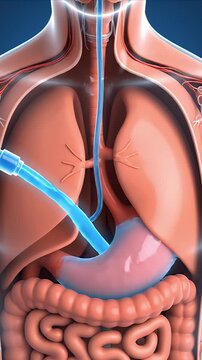CGI Visualization of Nasogastric Tube Insertion Showing Pathway Through Esophagus to Stomach for Nutritional Support Medical Education