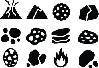 Rock stone and geological elements icon collection with volcano mountains minerals fossils and fire simple silhouette vector set © Asia