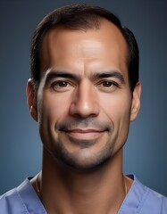 Obraz premium Compassionate Latino Male Healthcare Professional Headshot in Medical Scrubs