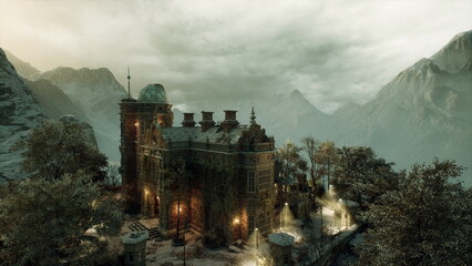 moody gothic manor at dusk with lit turrets, foggy mountain backdrop, warm lantern glow around ornate stone facade, ivycovered walls, cobblestone path leading © icetray
