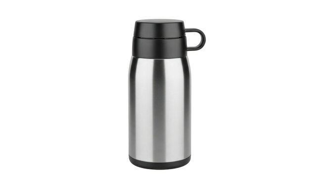 Stainless steel vacuum insulated thermos bottle with black lid and handle isolated on transparent background