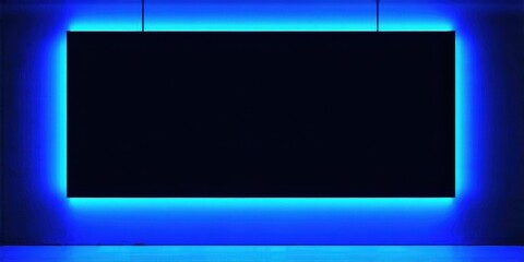 Fototapeta premium Rectangular panel illuminated with bright blue light. Dark background creates strong contrast, modern aesthetic. Minimalist design.