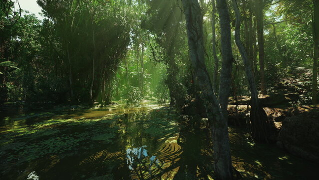 dappled creek with mossy banks and scattered sunlight, low water flow revealing roots and pebbles, cinematic mood perfect for microadventure, hiking and outdoor