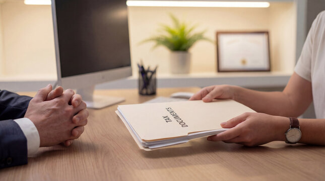 Tax documents meeting at office desk. Hands pass tax documents folder to client during accountant consultation, paperwork for filing deadline, audit concept, business services, marketing banner