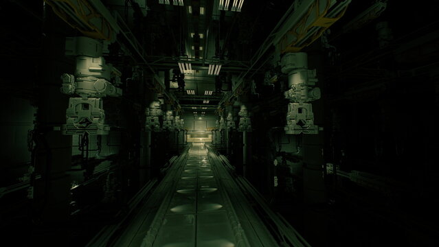 operational transit artery with illuminated maintenance bay, long reflective floor and symmetrical machinery, muted green palette conveys industrial efficiency