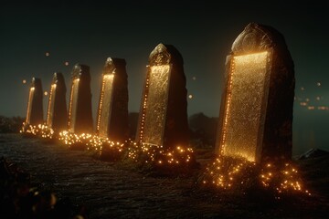 A mystical scene featuring ancient stone tablets illuminated with glowing lights, set against a, evoking a sense of history and spirituality