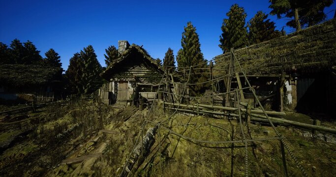 Sunlit rundown homestead with open yard and rustic structures, visible potential for renovation or repurpose, composition suitable for real estate,