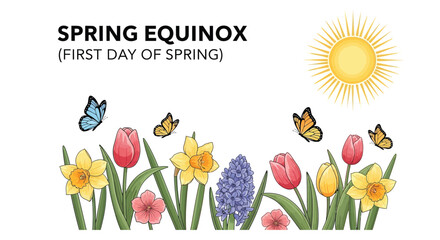 Naklejka premium Spring equinox vector illustration featuring flowers and butterflies celebrating the first day of spring with sunshine