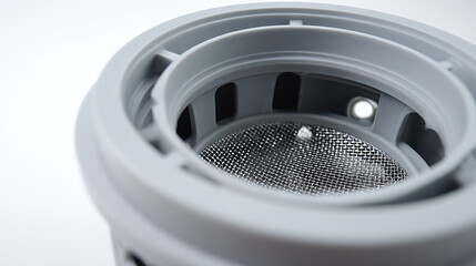 Close-up of a circular grey plastic component with a fine mesh filter, featuring a modern, clean, and industrial aesthetic