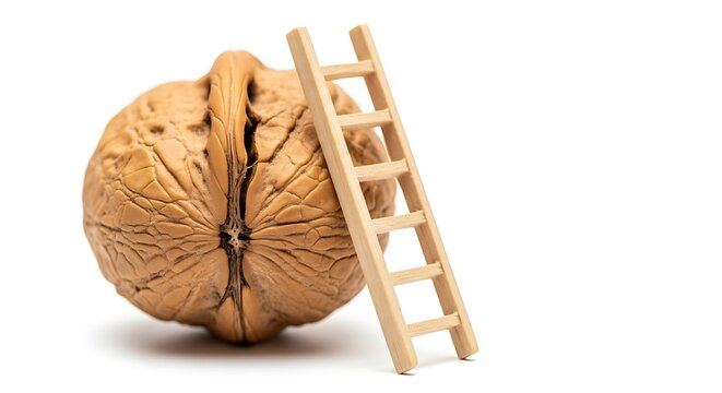 Miniature wooden ladder leaning against a large walnut, symbolizing growth, success, or overcoming challenges in business or personal development.