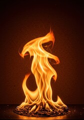 Fototapeta premium Dynamic close-up of vibrant fire rising fiercely against a rich, rustic brown backdrop. Powerful energy and burning heat concept, licking, texture, flame
