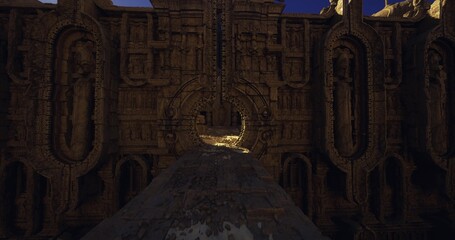 Ornate stone facade with circular opening, intricate basrelief and frieze detail, broad steps lead toward ringed aperture, weathered texture and patina reveal © icetray