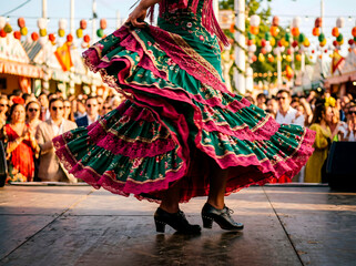 Obraz premium Close-up of ruffled layers of a vibrant red flamenco dress in motion during a sunny Feria de Abril afternoon, flowing silk fabric texture, dramatic folds, authentic Spanish culture