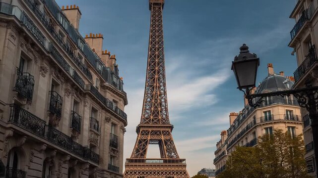 Majestic Eiffel Tower Standing Taller Between Old Buildings on a European City Street
