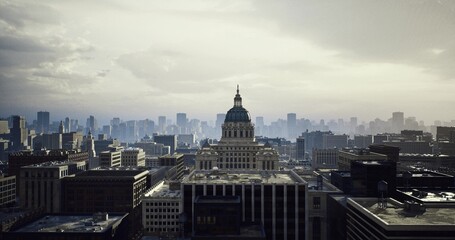 Historic capitol core with modern skyline backdrop, textured masonry and ornate facade contrasted with distant towers, preservation and urban evolution captured © icetray