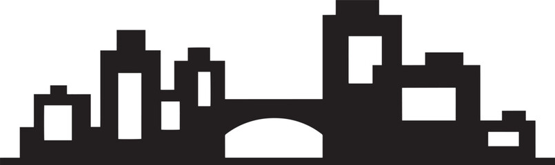 Obraz premium Black silhouette of modern city skyline with tall buildings and bridge over river vector