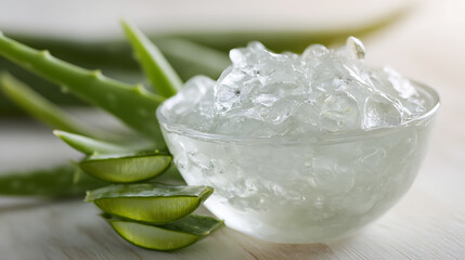 Fresh transparent gel extracted from succulent plants in a clear bowl with green leaves on a light wood background, natural skincare health concept