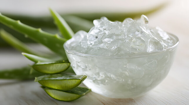 Fresh transparent gel extracted from succulent plants in a clear bowl with green leaves on a light wood background, natural skincare health concept