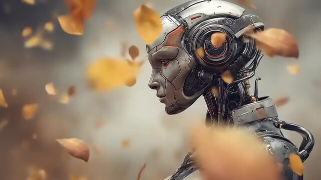 Futuristic robot woman with orange leaves.