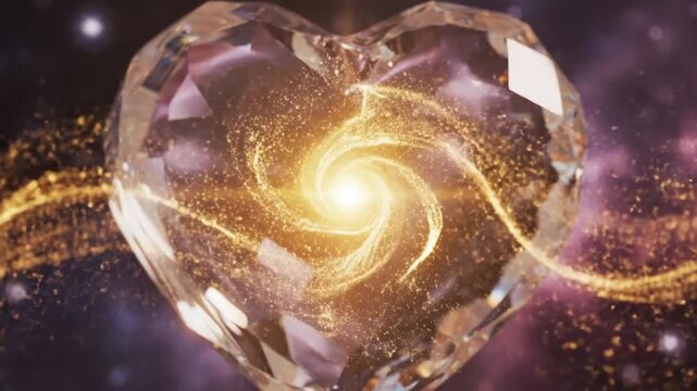 A captivating crystalline heart with radiant golden energy, sparkling in the cosmos