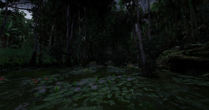 low marsh perspective with mossy lily pads and shallow pools saturated green tones, textured leaves and damp soil form intimate wetland scene rich in detail