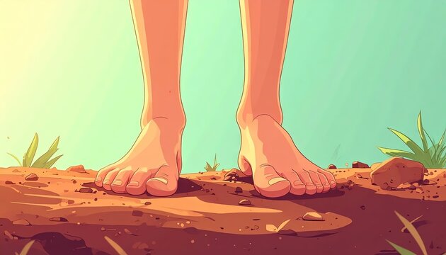 Cartoon-style close-up of two bare feet standing on dry earth with a blue sky background
