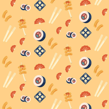 Korean foods seamless pattern consists kimbab, tteokbokki and chopstick graphics. Korean pattern background.