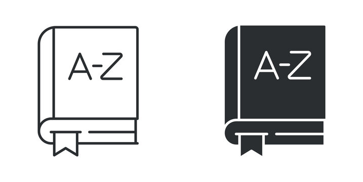 A-Z dictionary book reference outline and solid silhouette icon set. Vector illustration.