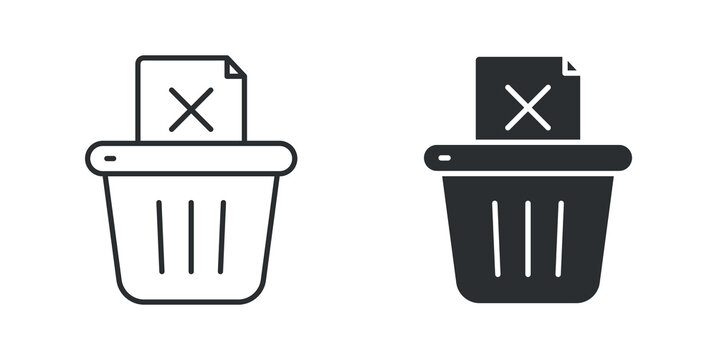 Delete document in trash bin outline and solid silhouette icon set. Vector illustration.