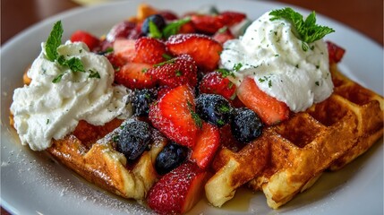 Golden brown baked item generously topped with fresh berries, whipped topping, and green garnish rests on a white plate.