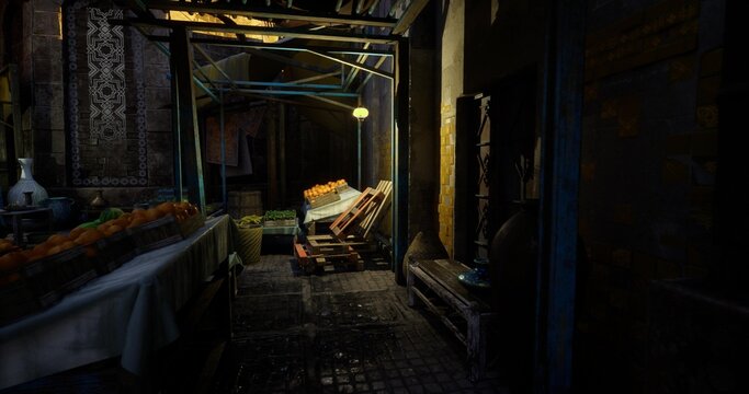 predawn market stall stacked with crates, soft glow from hanging bulbs, empty vendor tables and baskets, damp cobblestone and muted color palette, quiet