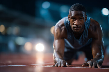 Rebuilding after failure portrayed by runner standing up after fall on empty track, rebuilding after failure, determination