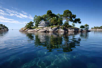 Obraz premium Idyllic waterfront house on a serene island surrounded by clear blue water