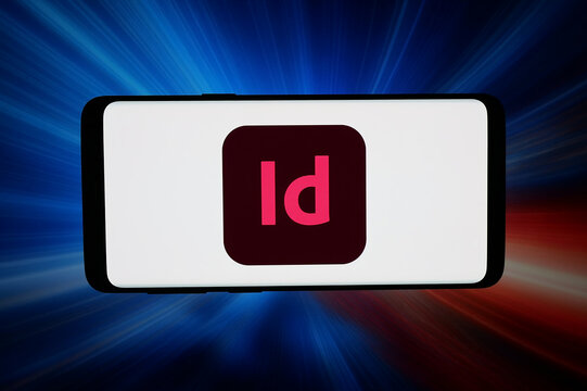 Stuttgart, Germany - 03-02-2026: In this photo illustration, the logo of layout designing software Adobe InDesign is displayed on a smartphone in front of abstract background on computer screen.
