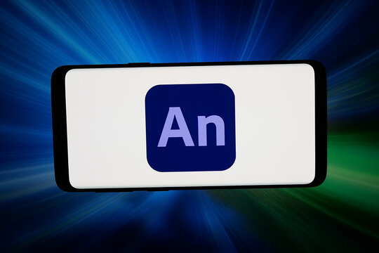 Stuttgart, Germany - 03-02-2026: In this photo illustration, the logo of computer animation software Adobe Animate is displayed on a smartphone in front of abstract background on computer screen.