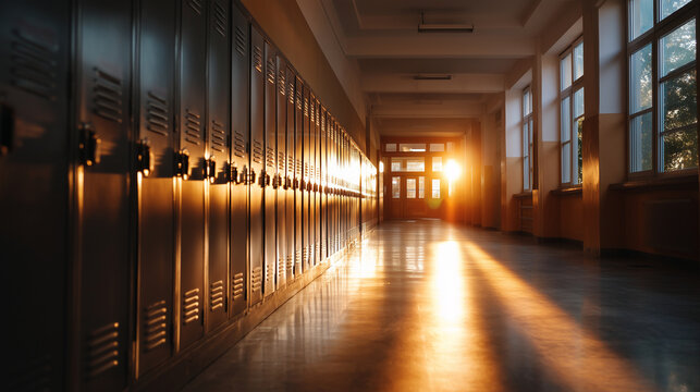 Panoramic view of an empty school hallway at sunset, long rows of metallic lockers creating rhythmic shadows, The End of Semester, golden hour light, polished floor reflections, gr