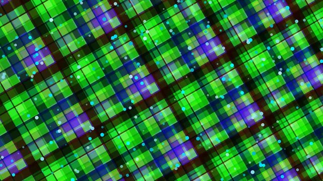 abstract green plaid pattern background with glowing particles and geometric lines for motion design