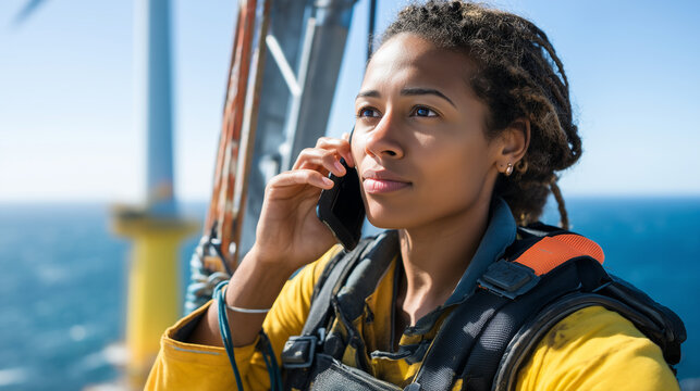 22 yr old female maritime technician harnessed in high up, working on a wind turbine using a mobile phone to check for information while on a remote oil rig, looking like they are