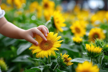 Fototapeta premium Child's hand gently touches a sunflower in a vibrant field of yellow blooms during daytime