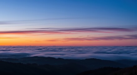 Fototapeta premium Amazing panoramic dawn or dusk sky with smooth, colorful, gentle clouds stretching across the horizon, dusk, glow, yellow