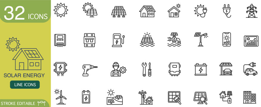 Solar energy line icon renewable power solar panel battery inverter set on white background, editable outline symbol collection for infographic, web interface, sustainable technology