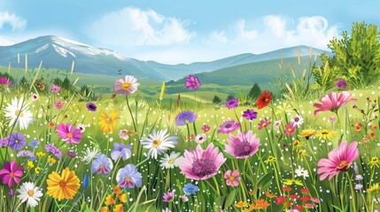 Obraz premium Vibrant Meadow Landscape with Colorful Wildflowers Under Bright Blue Sky and Majestic Mountains in Background